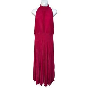 Marina Women's Halter Neck Pleated Smocked Waist Midi Size 14 Dress Pink Fuchsia